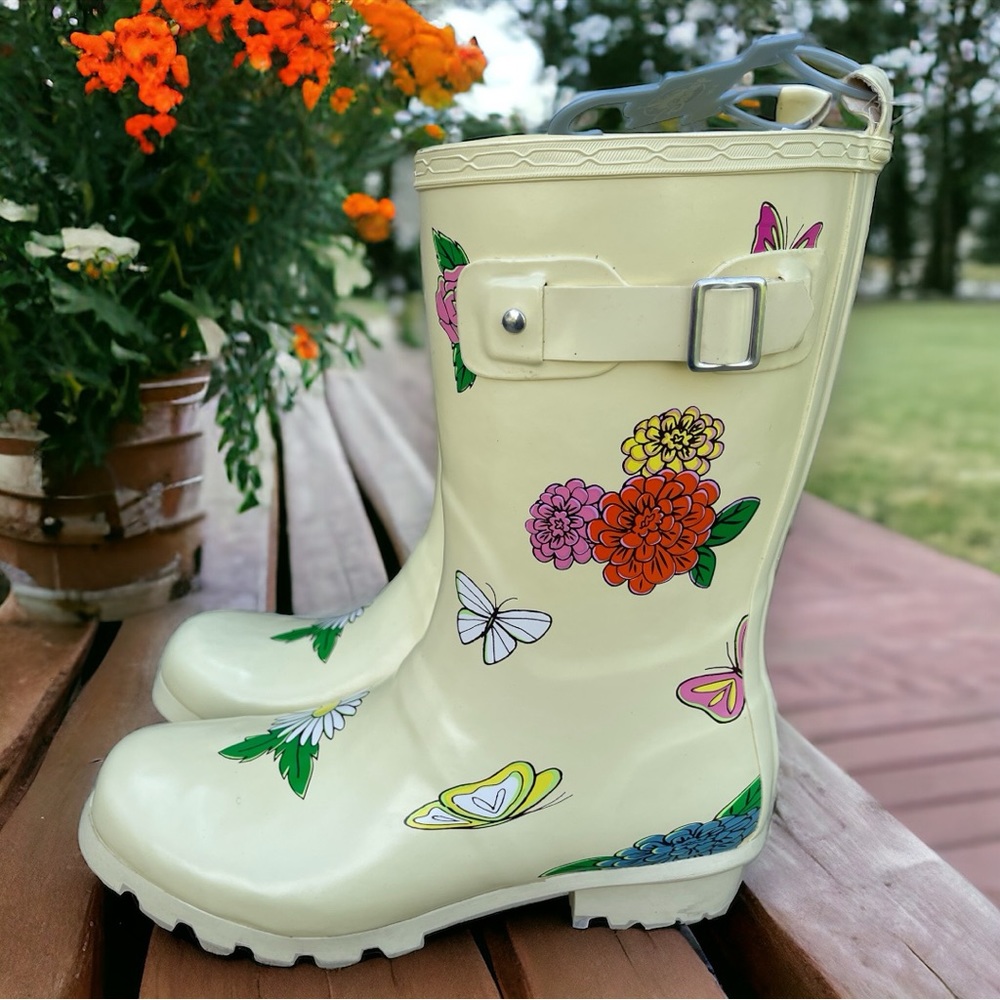 Disney Epcot Flower & Garden Festival Floral Butterfly Yellow Rubber Rain Boots